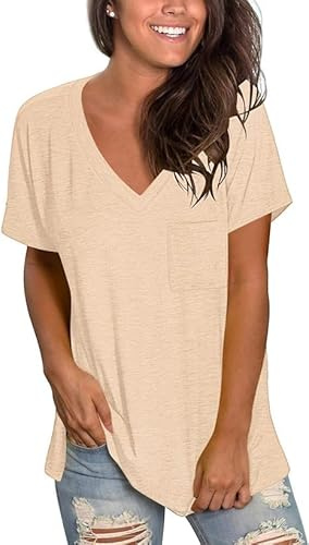 Camisetas para Mujer Camisetas básicas de Manga Corta con Cuello en V y Top Ligero para Adolescentes Apricot XL