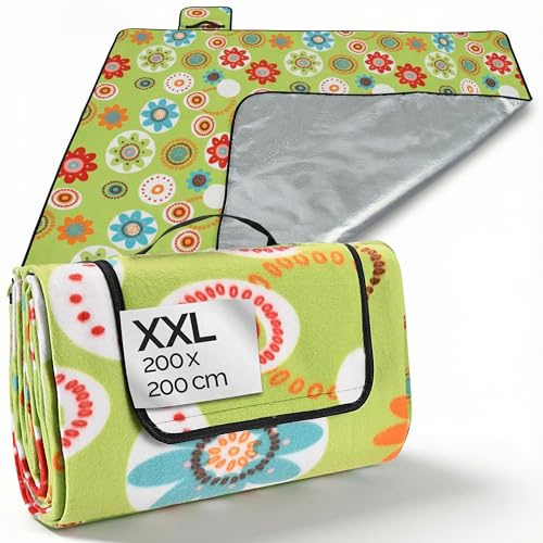 DETEX® Picknickdecke Campingdecke XXL 200x200 cm Wasserdicht Wärmeisoliert Waschbar Fleece Faltbar für 4-6 Personen Garten Stranddecke Blumen