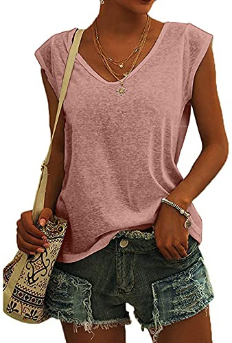 KOG Bluse Damen Elegant Ärmellose T-Shirt Shirt Casual Weiß Oberteile mit Flügelärmeln Frauen Schwarz Kleidung Frau Grau Sommer Shirts Top Damen V-Ausschnitte Tshirt Klamotten Rosa XXL