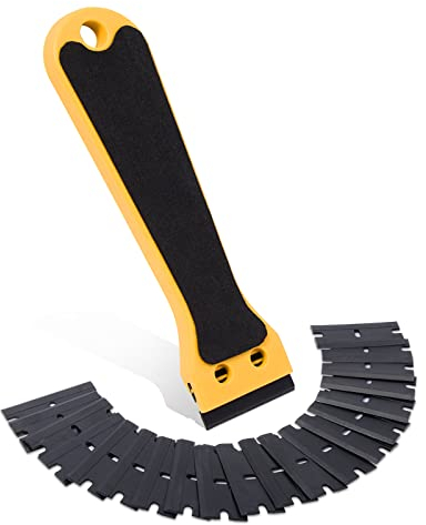 FOSHIO Kunststoff Schaber Langgriff-Kunststoffschaber Schaber mit 20 Stück 1,5 Zoll Kunststoff klingen Rasierklingen zum Entfernen von Aufkleber Entfernen & Klebereste Entferner Gelb