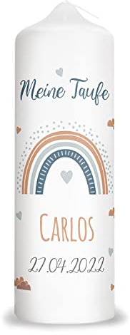 GRAVURZEILE Bedruckte Kerze - Taufkerze Regenbogen - brilliant bedruckte Kerze zur Taufe - Personalisiertes Taufgeschenk für Mädchen & Jungen - Hochwertige Stumpenkerze 250/80 mm - Farbe: Blau