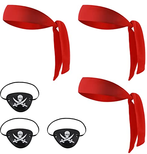 Yolev 6 Stück Piraten Kleidung & Zubehör Set Vintage Accessoires für Damen Inkl. 3 Rote Krawatten & Stirnbänder, Piraten Kopftuch & 3 schwarze Augenklappen