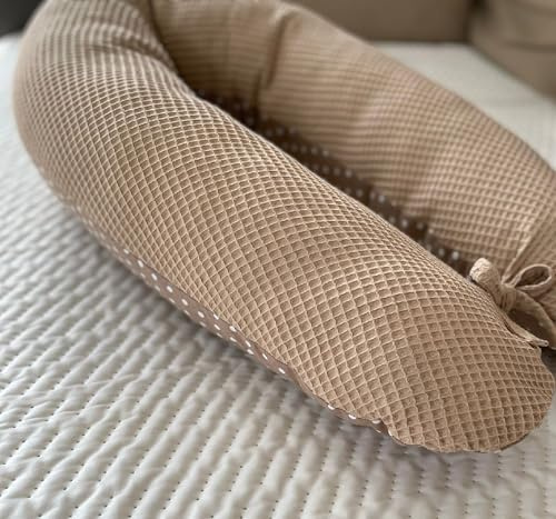 LOOLAY Coussin de grossesse - Coussin d'allaitement - 170 cm - Coussin de positionnement latéral - 100 % coton - Avec housse amovible - Ergonomique - Pour dormir (gaufre, taupe, cappuccino/pois marron