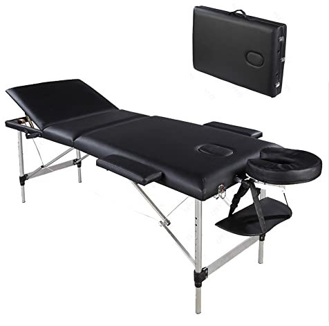 3-Zonen Massageliege — klappbar & höhenverstellbar — Mobile Alu Kosmetikliege mit Kopfschütze, Armlehnen & Tasche - 186 x 62 cm - Schwarz