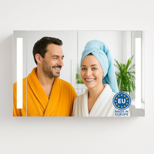 HAPA Design Spiegelschrank Bad 100 cm mit LED-Beleuchtung, Steckdose, Weiß | Badspiegelschrank mit Schalter und austauschbarem LED-Modul, Original Blum-Scharniere, Ersatzteile lieferbar, Made in Europe