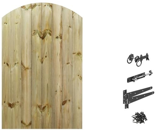 Made to Measure 5ft Wooden Garden Gate, Ring Latch Fixing Kit, Custom T&G Semi-Braced Arch Top Treated Timber Door for Outdoor Pathway Home Access, MAX 150cm High x MAX 90cm Wide
