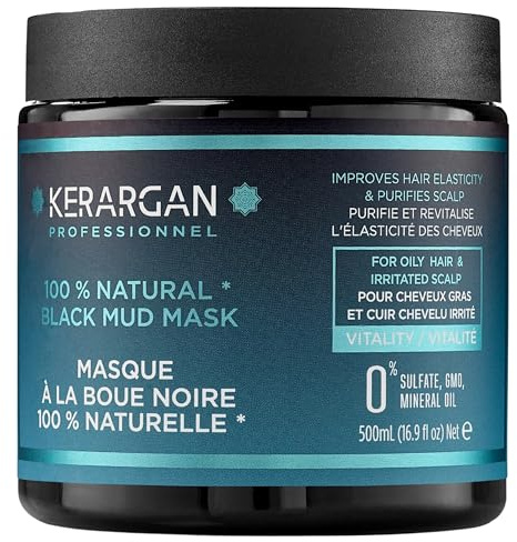 Kerargan - Mascarilla con Lodo Negro Mar Muerto - Vitalidad para Cabello Graso & Cuero Irritado - Purifica & Elasticidad - Sin Sulfatos, OMG, Aceite Mineral - 500ml | Mascarilla para pelo graso con barro negro y minerales del Mar Muerto, ayuda a purificar sin resecar