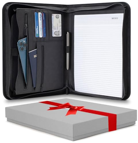 Forevermore Portfolio Padfolio Folder with Zipper - Professional Faux Leather Travel Organizer Pouch for Tablet, Documents, Presentation Folders, Zipper Closure, Notepad - Black