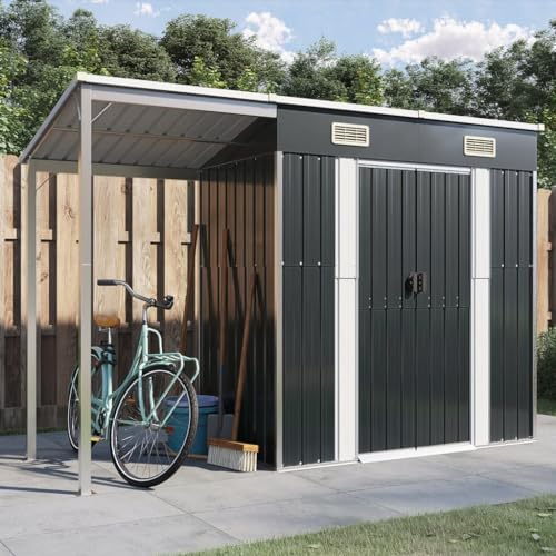 Festnight Gerätehaus Metall mit Pultdach mit Anbau, 277x110,5x181 cm, Geräteschuppen mit Luftschlitzen & Schiebetür, Garten Schuppen für Rasenmäher Fahrräder, Metallschuppen Outdoor Anthrazit