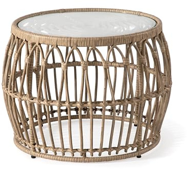 Furniture of America Ysar Boho Rattan Round Coffee Table Outdoor with 5mm Tempered Glass Top, All-Weather and Rust Resistant Patio Furniture
