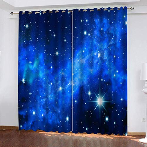 VOYADE Vorhänge Wohnzimmer Modern Blickdicht 2Er Set, 3D Blaue Sternenhimmellandschaft Muster Blickdicht Schlaufenschal Verdunkelungsvorhang, Lärmminderung Fensterdekoration 160X140cm(HXB)
