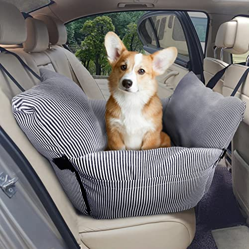 VERCART Siège Auto pour Chien de Taille Moyenne et Grande (Moins de 27 kg), 2 en 1 pour Siège Arrière de Voiture, Rehausseur avec Poches, Rayures Bleu Marine, 76 x 52 x 40 cm