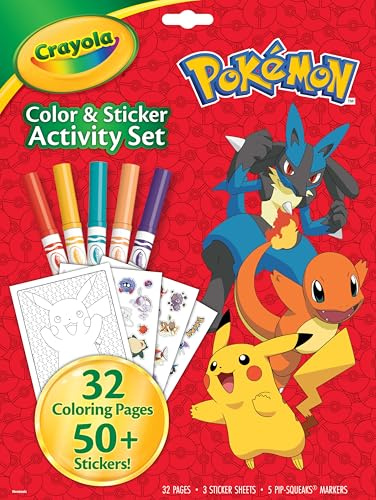CRAYOLA Pokémon Farb- und Aktivitätsset, enthält 32 Malseiten, 5 Marker und 3 Stickerbögen ft. Asche, Pikachu und Freunde, Aktivitätsset für Kinder ab 3 Jahren