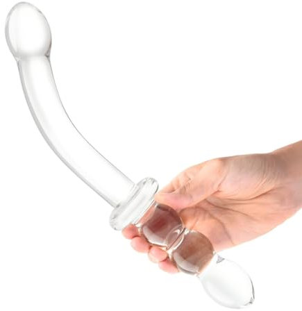 Glas 12-Inch Girthy Ribbed G-Spot Glass Dildo - Double-Ended with Handle Grip