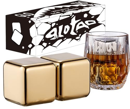 2 Large Whiskey Stones 64 cm³ (4 cu in) - Man Gift Set - Reusable Stainless Steel Metal Ice Sphere Cubes Beverage Chilling Rocks Whiskey Stones for Red Wine, Bar Beer, Scotch, Vodka Drinks - Gold