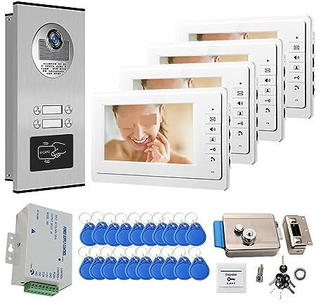 Sonnette visuelle 7 Pouces Couleur Vidéo Porte Téléphone Sonnette RFID Système De Caméra De Contrôle D'accès For 2/3/4 Unités Multi Appartements Interphone Pour la sécurité à domicile(Size:530-V70F-V4