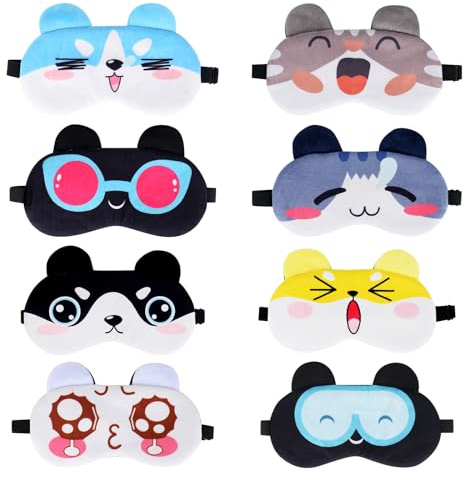 XCRPRT Masque de Sommeil, 8 Pcs 3D Moelleux Masque avec Sangles Réglables, Masque de Nuit Enfant en Peluche Mignon, Dormir pour Enfants Cache Yeux, Eyepatch de Repos pour Enfants Adultes