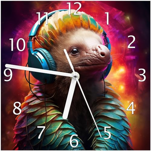 Wallario Design-Wanduhr Schuppentier mit Kopfhörern aus Glas, Motiv-Uhr Größe 20 x 20 cm, weiße Zeiger