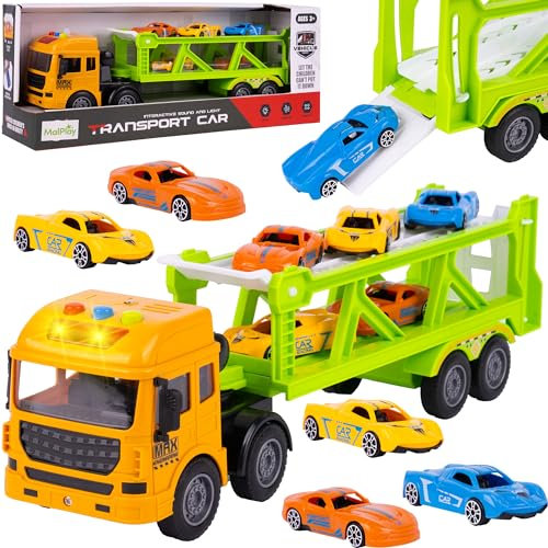 MalPlay Transporter Lastwagen Set 6 Autos Fahrzeuge Anhänger LKW ab 3 Jahren Zubehör Licht und Ton Junge Spielzeugautos