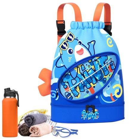 Bolsa de natación para niños, mochila de natación para niños | Bolsa de piscina impermeable para niños | Mochila infantil con cordón con compartimento para zapatos, bolsa divisoria para natación seca