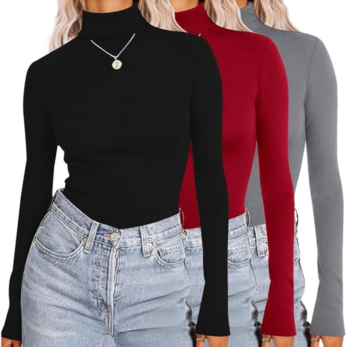 Ekouaer Damen 3-teiliges Rollkragen-Shirt, langärmelig, leicht, Basic, schmale Passform, weiche Thermounterwäsche, Tops (S-XXL)