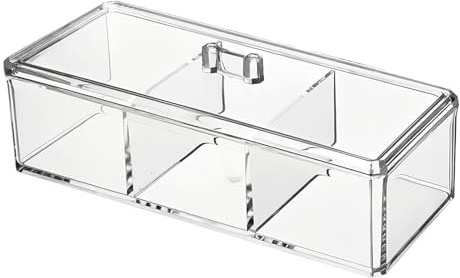 Elitecran Geteilte Aufbewahrungsbox mit Deckel, Acryl Schlafzimmer Schminktisch Organizer, Wattestäbchen Behälter, 3 Fächer Wattepad-Spender für Kommode Waschtisch Badezimmer Küche