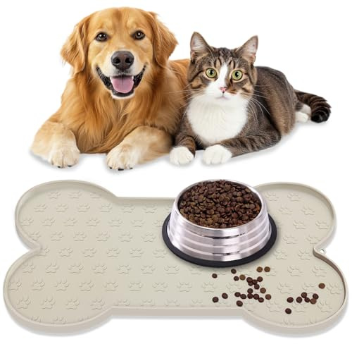 Napfunterlage für Hund und Katzen, rutschfeste Futtermatte aus Silikon, 100% wasserdichte Haustierfutter Matte mit Erhöhten Rändern, Spülmaschinenfest (Beige, M: 49.5 x 25.5 cm)