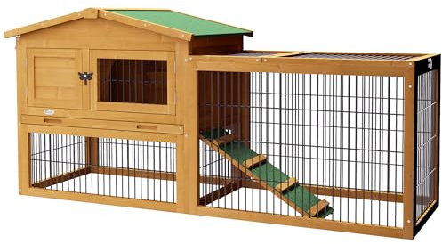 PawHut Hasenstall 2 Ebenen Kaninchenstall aus Tannenholz Winterfest Doppelstockhaus mit Freilaufgehege Rampe 150x52x68 cm Kaninchenkäfig Outdoor Kleintierstall für Hasen Kaninchen Meerschweinchen Gelb