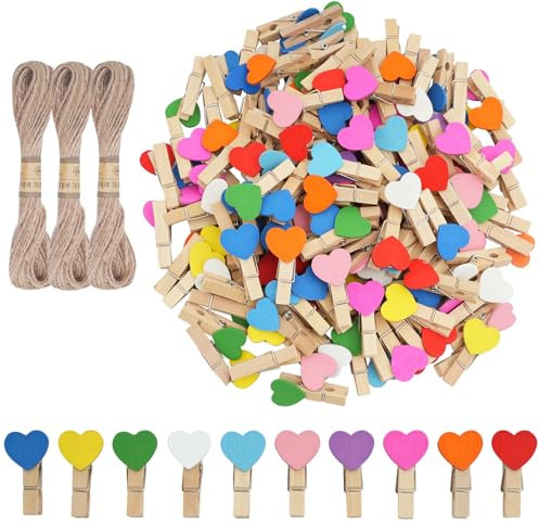 CUWELT 150pcs Mini Wooden Heart Pegs Colourful, Colored Wooden Heart Pegs with 30M Jute String, Wood Heart Clips for Crafts Wedding Party Decorative Photo Paper Wall DIY