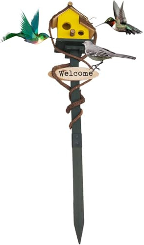 Birdhouses for Outdoors with Pole, 27.6 inch Tall Wood Bird House, Cottage Birdhouse Stand, Decorative Bird House Garden Stake for Lawn Yard Yellow, Birdhouses