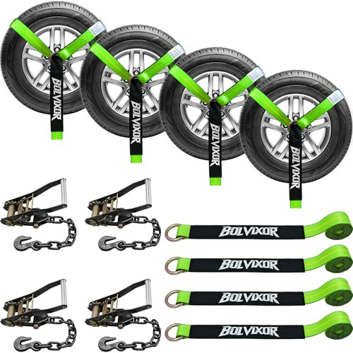 Bolvixor 4 Pack Car Tie Down Straps for Trailers - 2 x 96 - 9900LBS Break Strength - Tire Ratchet Straps with Heavy Duty Chain Anchors for Hauling UTV, SUV, Truck, Any Cars