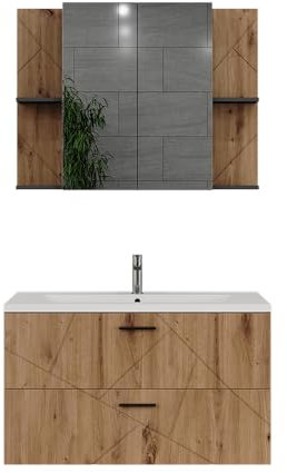 Vicco Badmöbel-Set Anthrazit/Artisan Irma, bestehend aus Waschbeckenunterschrank, Spiegelschrank, Waschbecken - Mehr Stauraum ohne Bodenfläche zu nutzen