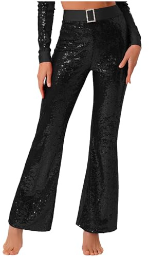 RUNQHUI Femme Pantalon Disco Evasé Paillette Taille Haute Pantalon Danse Latine Jazz Moderne Année 70 Costume Noir M