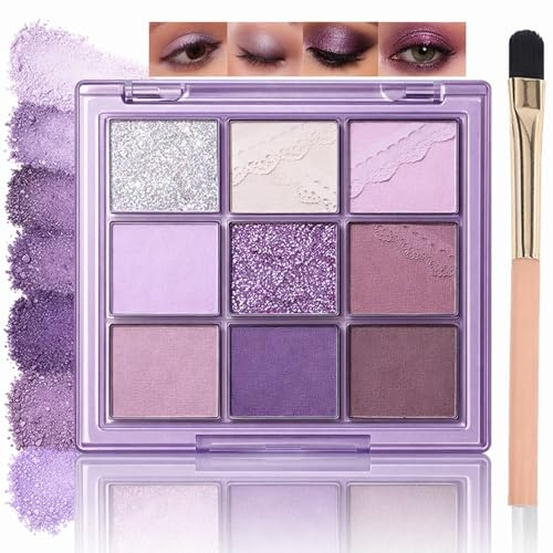 9-Color Eyeshadow Palette with Brush – Matte & Glitter Purple Shades – Waterproof Long-Lasting Pigmented Formula – Smooth Blendable Texture for Natural Day Looks & Glamorous Party Eye Makeup