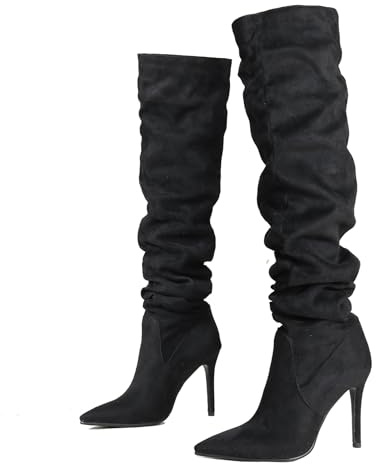 Ceciloroda Donna's Thigh Stivali Alti Black Slouchy Ruched Wide Calf Fall Scarpe Appuntito Pull On Dressy OverStivali al Ginocchio Tacchi a Spillo Alti Size 36