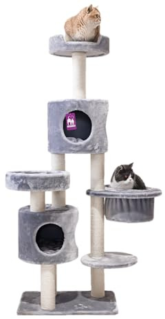 Petrebels Kratzbaum Residence 165 cm hoch, mit Hängematte und Schlafhöhlen, Für kleine und mittelgroße Katzen, Farbe Grau