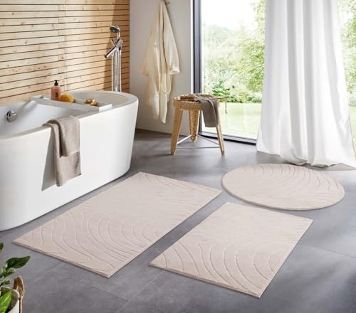 Taracarpet Badematte Badvorleger Homestyle rutschfest waschbar Badezimmerteppich Badewannenmatte, Badteppich, Duschmatte Badezimmer saugfähig Weich auch als Set Beige abstrakte Wellen 050x080 cm