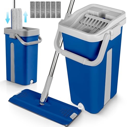 JUPPLIES Mopa Fregona con Cubo Escurridor Doble Compartimento 7,5 L – Sistema Giratorio con Mango Telescópico y Recambios de Microfibra para Suelos, Paredes y Azulejos (Azul, 6 Recambios)