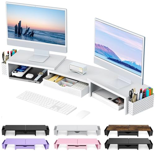 Pygocereri Dual Monitor Stand Riser, Metal Monitor Desk Accessories with Drawer and 2 Pen Holder, Adjustable Length and Angle - Computer Monitor Stand for Screen, Computer, Printer (White)