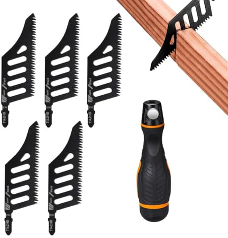 WRQIOO 5-Teiliges Stichsägeblätter mit Handhaben, Stichsägeblatt aus Hartstahl, T-Schaft, Sägeblätter Stichsäge für Kork, Sperrholz, Faserplatte