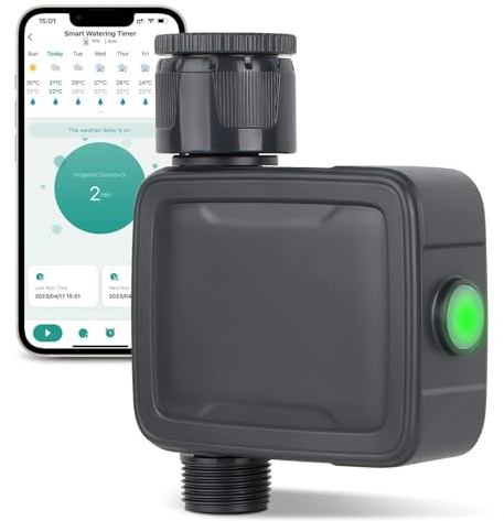 Tesmotor Ordenador de Riego, Programador de Riego Bluetooth Inteligente, Temporizador de Riego Automático con Control por App, Función Retardo de Lluvia, Sistema de Riego para Jardín e Invernadero