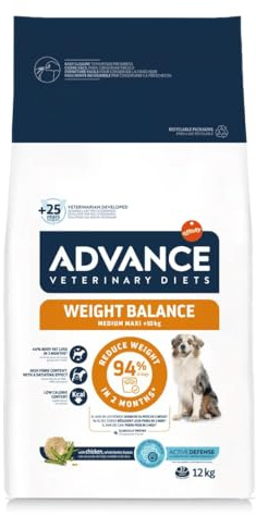 Advance Veterinary Diets Weight Balance Medium Maxi Crocchette Cane 12kg - Cibo Secco Dietetico per Perdita Peso e Obesità, Mangime Light Saziante Gusto Pollo, Mantiene Massa Muscolare, Adult