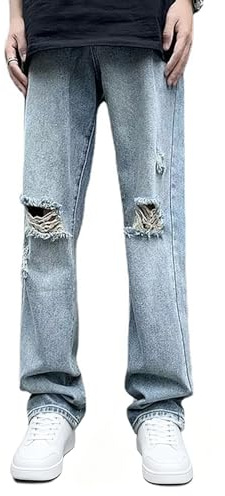 Herr Skateboard Baggy Ripped Jeans Relaxed Fit Vintage Distressed Jean Loose Fit Hip Hop Denimbyxor Blå Medium