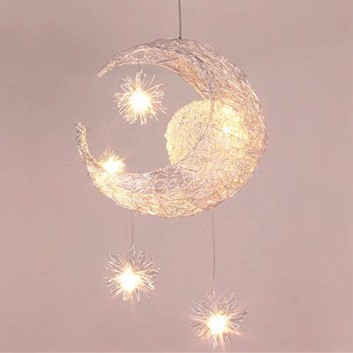 PETITES ECREVISSES Lustre Suspension Lune étoiles LED Plafonnier Luminaire Aluminium avec 5 Ampoules pour Enfants Chambre (lumière blanche)