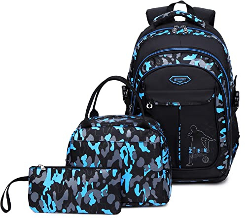 Sac a Dos Garcon, Cartable Camouflage Sets de Sacs Scolaires 3 en 1 Grande capacité Sac d Ecole École Intermédiaire Secondaire Sac Ecole College pour Enfant Adolescent Garcon Filles(Bleu)