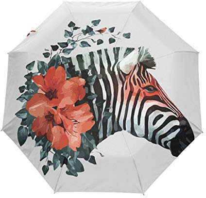 Blume Zebra Pferd Regenschirm Taschenschirm Automatische Reise Winddichte Sonnenschutz Trekkingschirm Wanderregenschirm für Frauen Männer