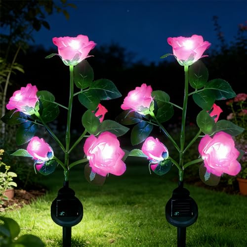XVZ Solar Lights Outdoor Garden, 2 Packs Solar Flower Garden Stake Lamps with 10 Rose Waterproof Decorative Lights for Lawm Patio Yard Pathway Party Decoration(Pink)