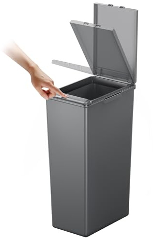 EKO Morandi 30L Kitchen Recycling Bin with Touch-Top Lid, Slim Plastic Rubbish Bin with Recycling Stickers and Easy-Clean Finish, Compact Design for Home or Office, Dark Grey