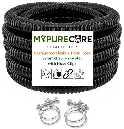 Corrugated Flexible Hose Pond Pipe 1.25 /32mm – 2-Meter with Advanced Double-Wired Hose Clips for Pond Pumps, Filters, Drainage – Corrugated Water Butt Connector Pipe - Black. Set by MYPURECORE