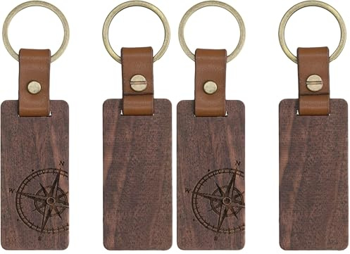 kwmobile Schlüsselanhänger aus Holz und Leder - Walnussholz Anhänger für Schlüssel mit Schlüsselring - Dunkelbraun - Kompass Vintage